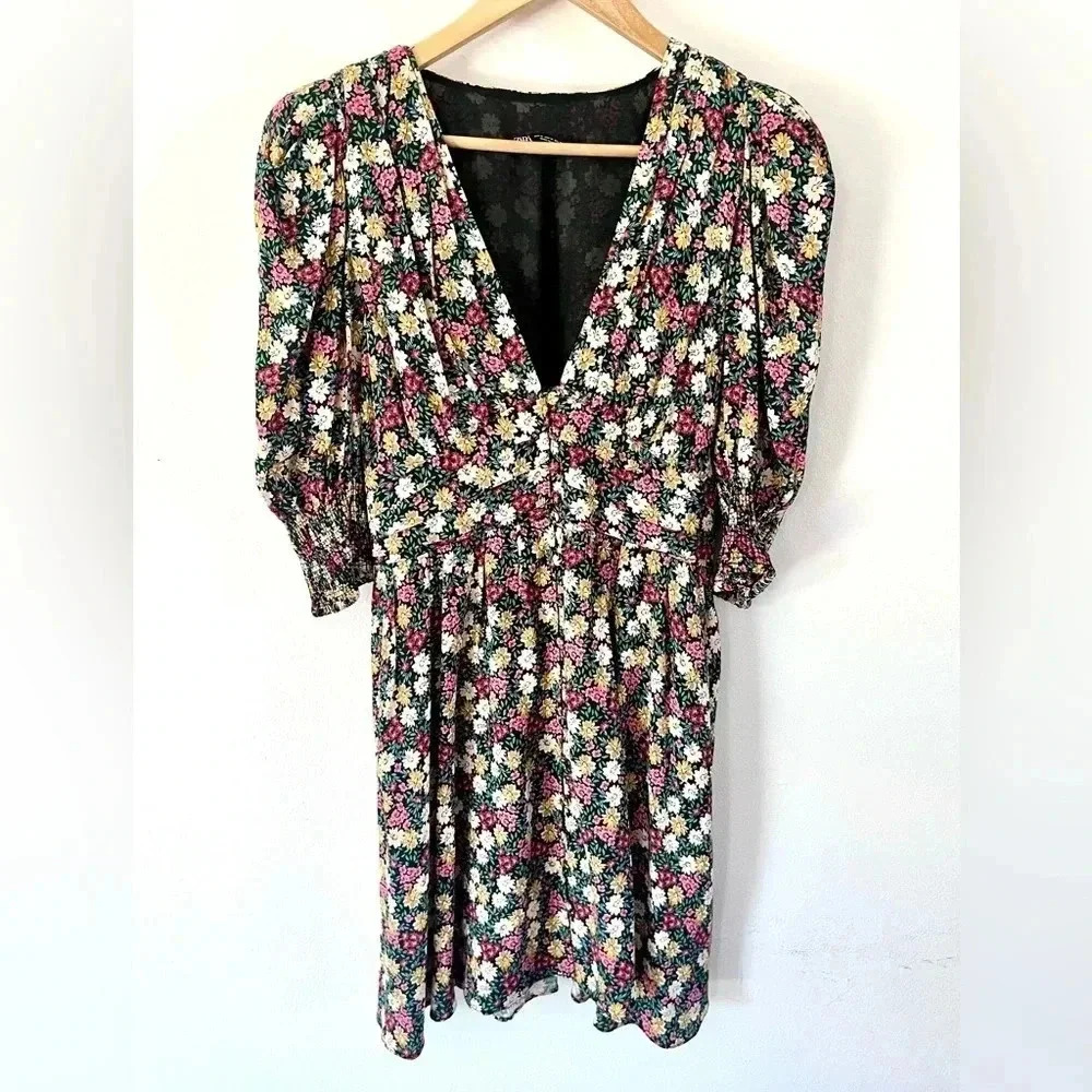 Zara Ditsy Floral Shoulder Pad Full Button‎ Front Mini Dress Size Medium